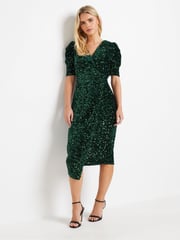 M&Co Green Petite Sequin Velvet Wrap Dress - Image 3 of 7