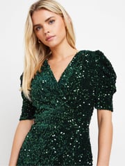 M&Co Green Petite Sequin Velvet Wrap Dress - Image 4 of 7