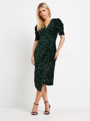 M&Co Green Petite Sequin Velvet Wrap Dress - Image 6 of 7