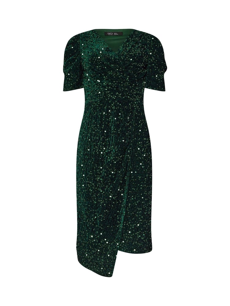 M&Co Green Petite Sequin Velvet Wrap Dress - Image 7 of 7