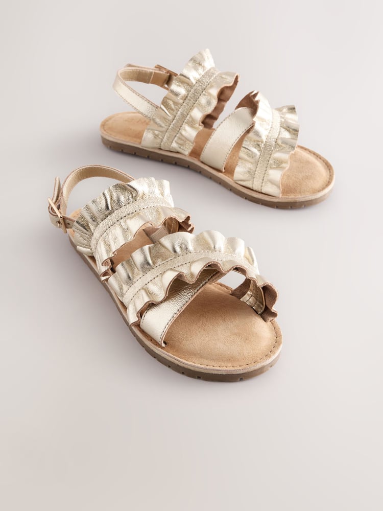 Gold Leather Ruffle Sandals - Image 1 of 6