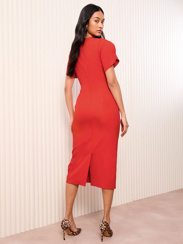 Friends Like These Red Short Sleeve Midi Tailored Dress With Ruche Detail - Image 4 of 4