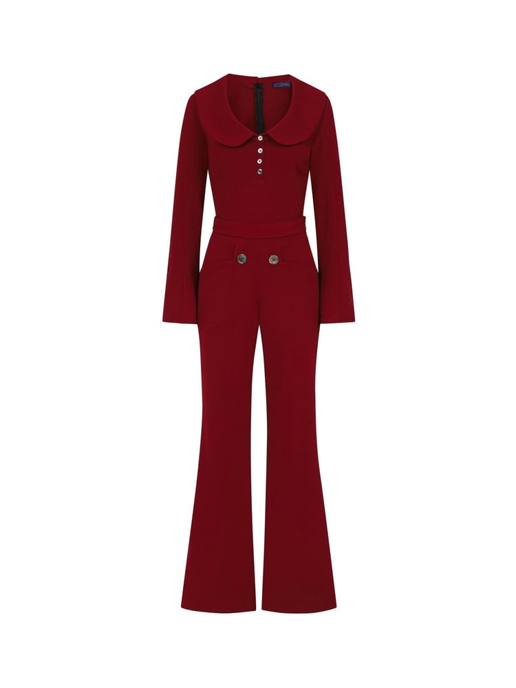 Hot Squash Red Bell Bottom Jumpsuit with Collar Detail - Image 7 of 7