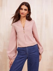 Friends Like These Pink Long Sleeve Button Notch Neck Blouse - Image 1 of 4