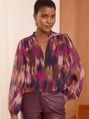 Love & Roses Black Printed Zip Front Mix Sheer Long Sleeve Length Blouse - Image 1 of 4