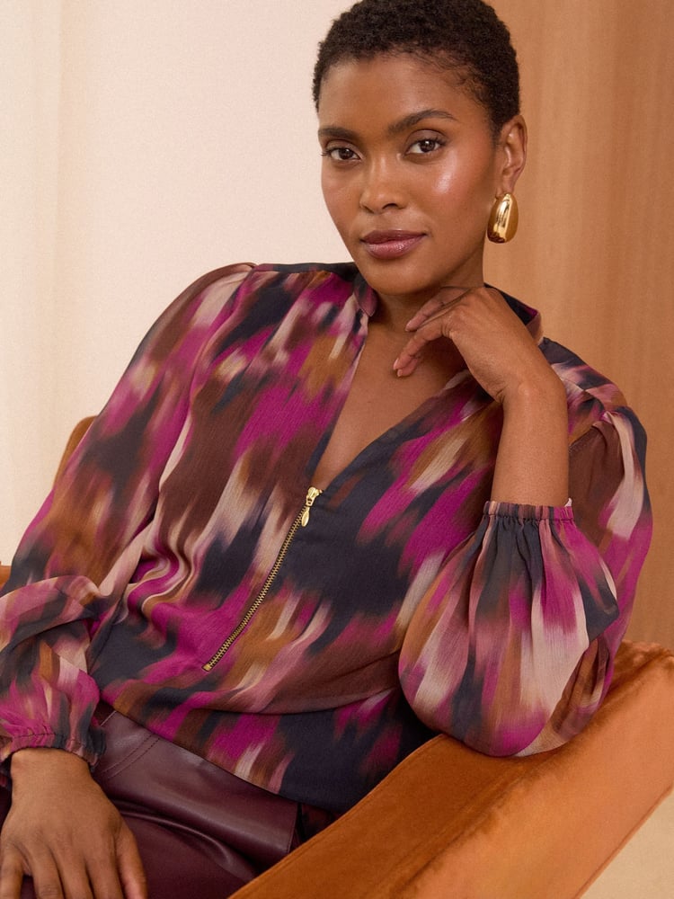 Love & Roses Black Printed Zip Front Mix Sheer Long Sleeve Length Blouse - Image 2 of 4 Love & Roses Black Printed Zip Front Mix Sheer Long Sleeve Length Blouse - Image 2 of 4