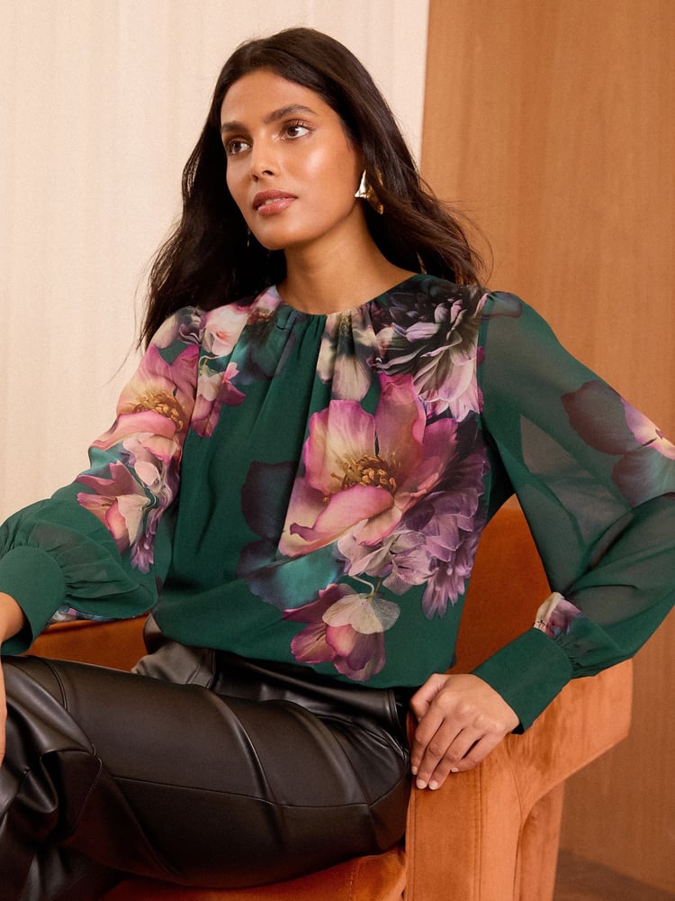 Love & Roses Green Floral Printed Crew Neck Blouse - Image 1 of 5