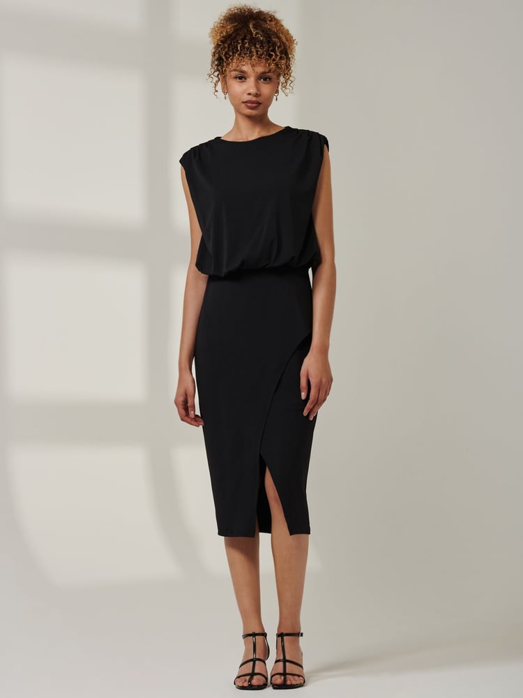 Jolie Moi Black Kira Tiered Draped Bodycon Dress - Image 1 of 6