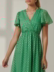 Jolie Moi Green Metallic Effect Angel Sleeve Maxi Dress - Image 3 of 6