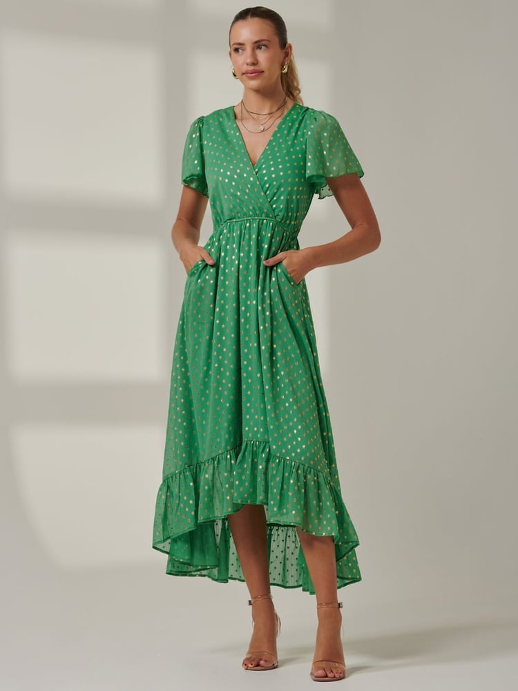 Jolie Moi Green Metallic Effect Angel Sleeve Maxi Dress - Image 6 of 6
