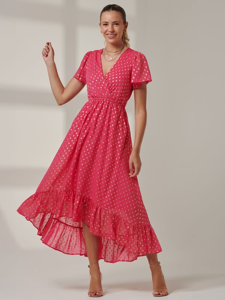 Jolie Moi Pink Chrome Metallic Effect Angel Sleeve Maxi Dress - Image 1 of 6