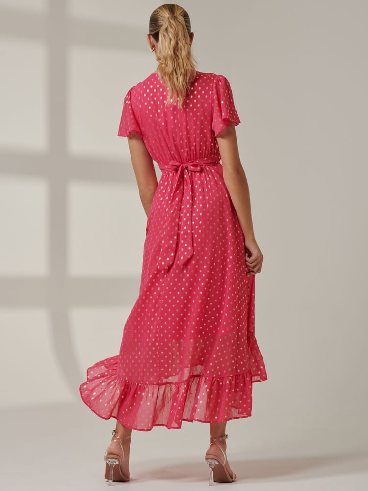 Jolie Moi Pink Chrome Metallic Effect Angel Sleeve Maxi Dress - Image 2 of 6