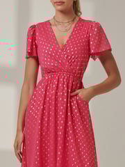 Jolie Moi Pink Chrome Metallic Effect Angel Sleeve Maxi Dress - Image 3 of 6