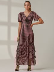 Jolie Moi Pink Geo Print Tiered Maxi Dress - Image 1 of 6