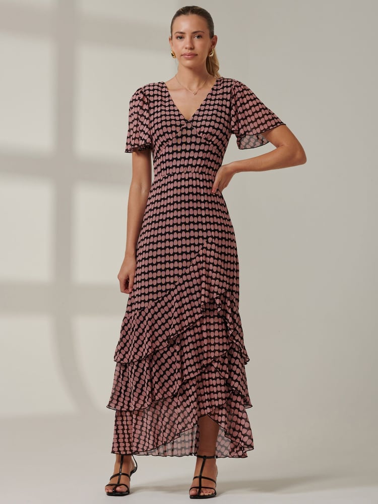 Jolie Moi Pink Geo Print Tiered Maxi Dress - Image 1 of 6