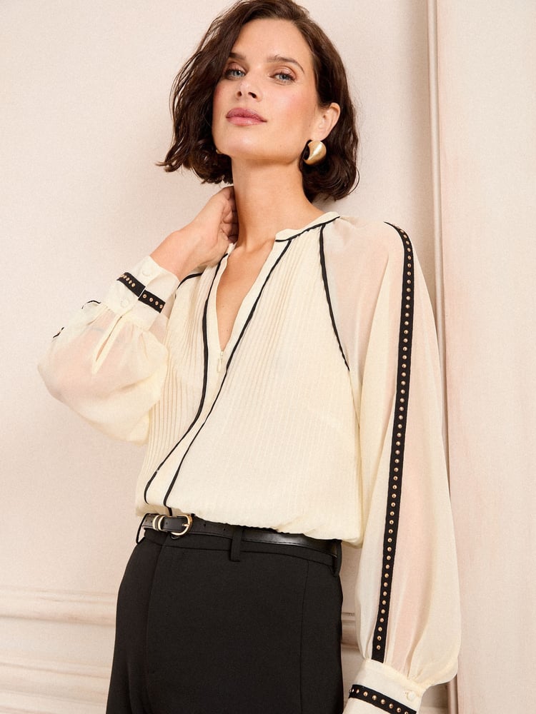 Love & Roses Ivory Petite Zip Detail Pleated Stud Trim Long Sleeve Blouse - Image 1 of 4 Love & Roses Ivory Petite Zip Detail Pleated Stud Trim Long Sleeve Blouse - Image 1 of 4