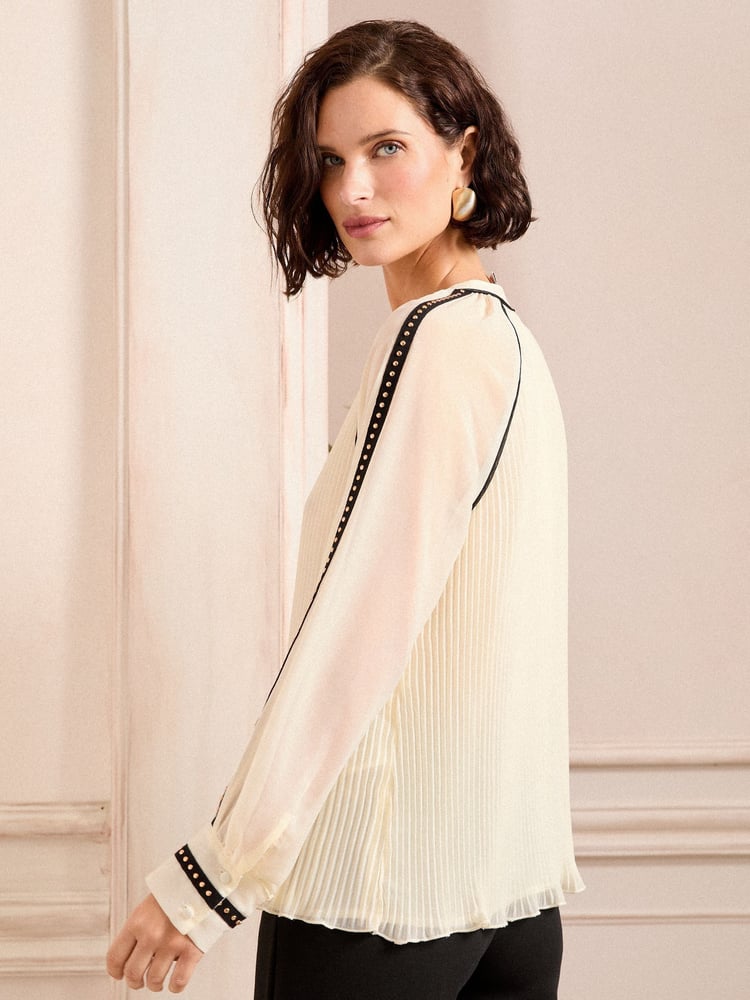 Love & Roses Ivory Zip Detail Pleated Stud Trim Long Sleeve Blouse - Image 2 of 4 Love & Roses Ivory Zip Detail Pleated Stud Trim Long Sleeve Blouse - Image 2 of 4
