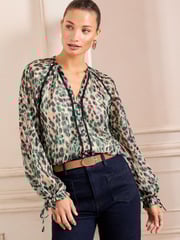 Love & Roses Ivory Animal Printed Notch Neck Poet Sleeve Tie Cuff Blouse - Image 1 of 4