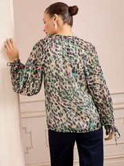 Love & Roses Ivory Animal Printed Notch Neck Poet Sleeve Tie Cuff Blouse - Image 4 of 4