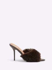 River Island Brown Faux Fur Heeled Mules - Image 1 of 5