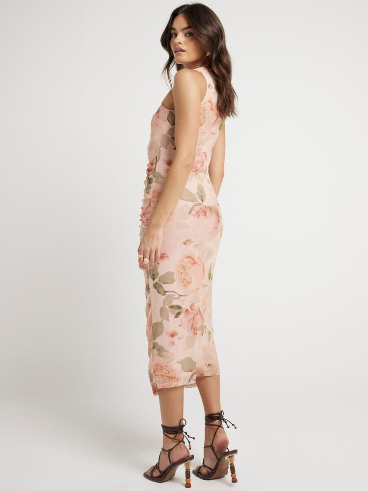 River Island Brown Ruched Front Floral Print Mesh Midi Dress - Image 2 of 6
