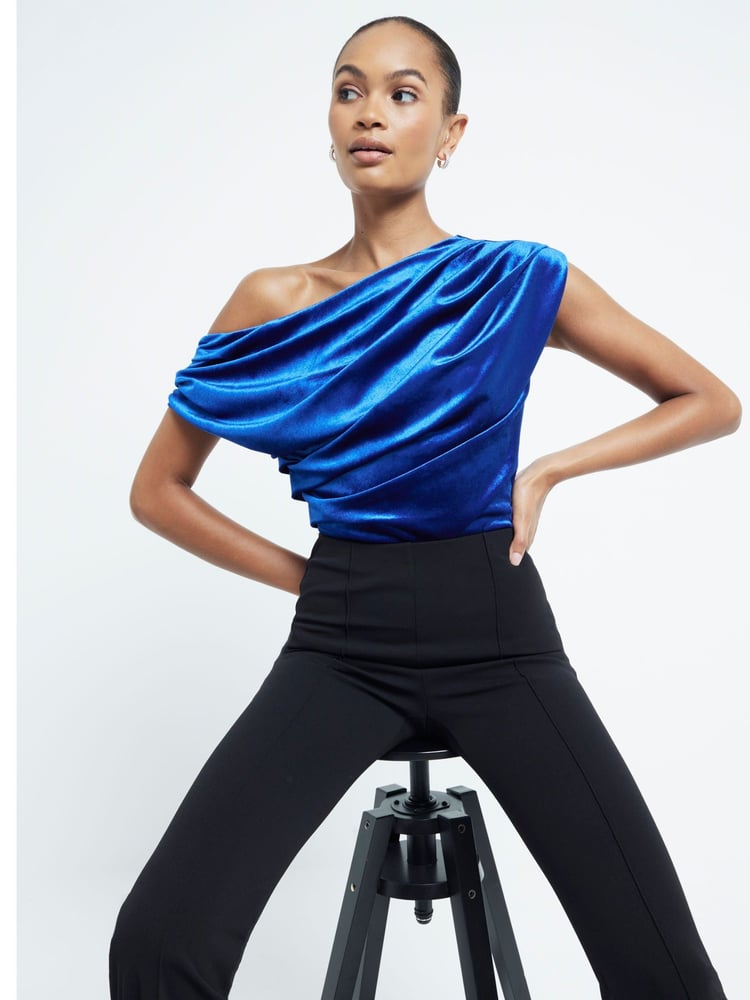 River Island Blue Drape Velvet Top - Image 1 of 4 River Island Blue Drape Velvet Top - Image 1 of 4