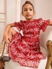 Love & Roses Red Heart Print Sparkle Chiffon Dress (5-16yrs) - Image 2 of 4