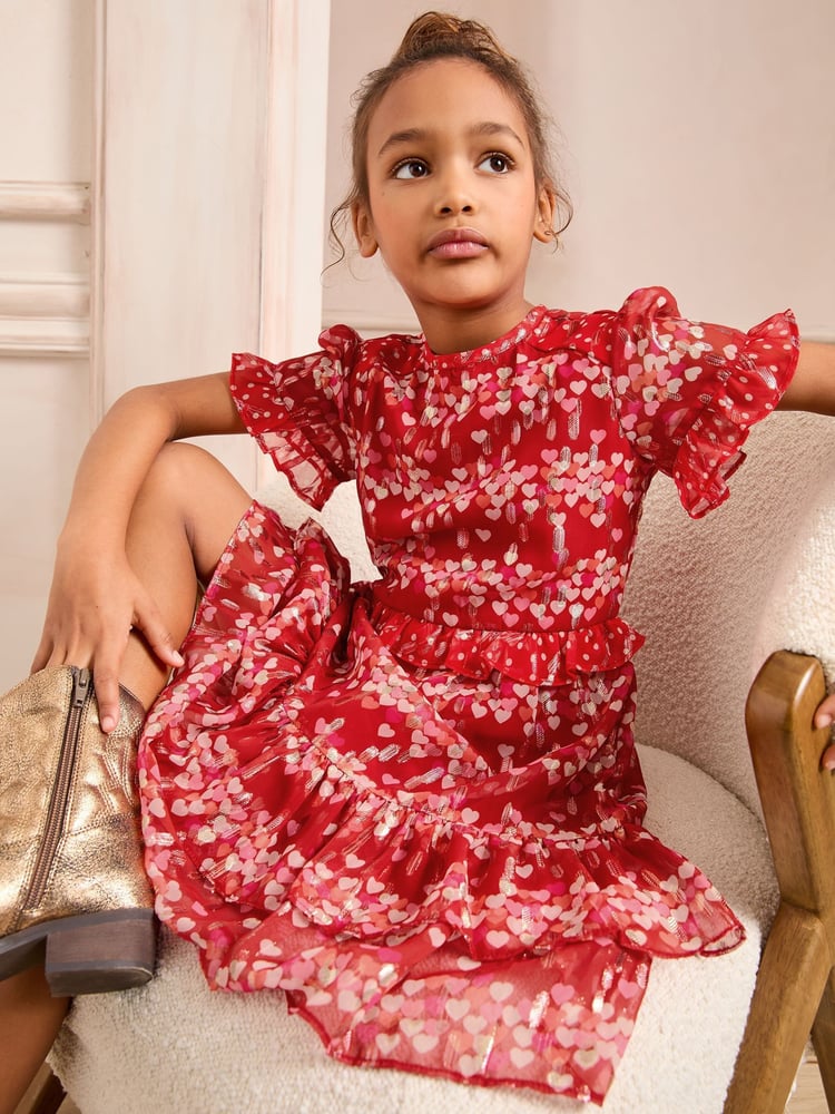 Love & Roses Red Heart Print Sparkle Chiffon Dress (5-16yrs) - Image 2 of 4