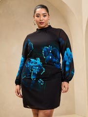 Lipsy Black Curve Sequin Floral Printed Long Sleeve Shift Mini Dress - Image 1 of 4