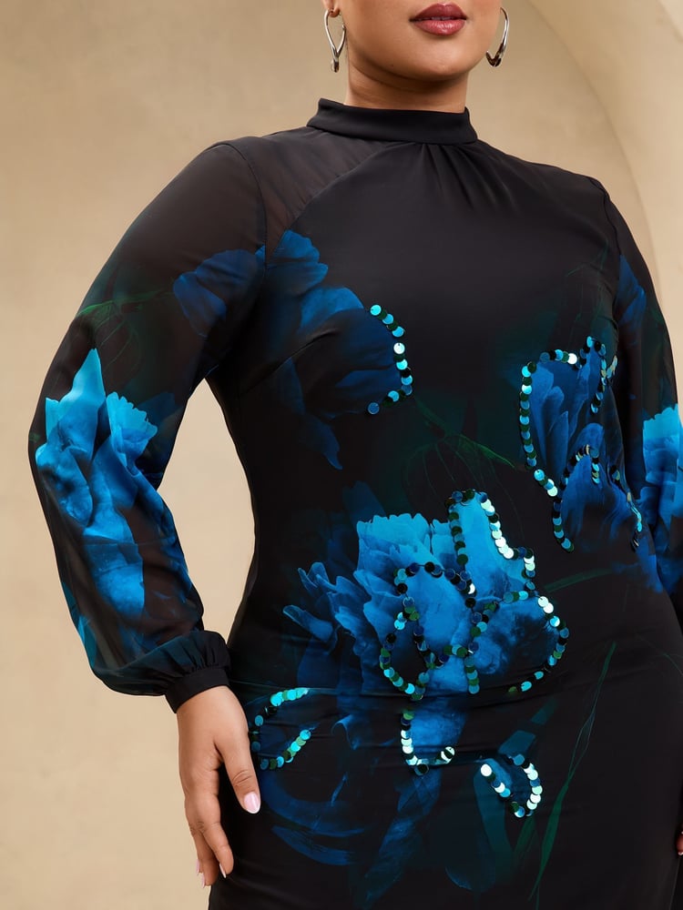 Lipsy Black Curve Sequin Floral Printed Long Sleeve Shift Mini Dress - Image 2 of 4 Lipsy Black Curve Sequin Floral Printed Long Sleeve Shift Mini Dress - Image 2 of 4