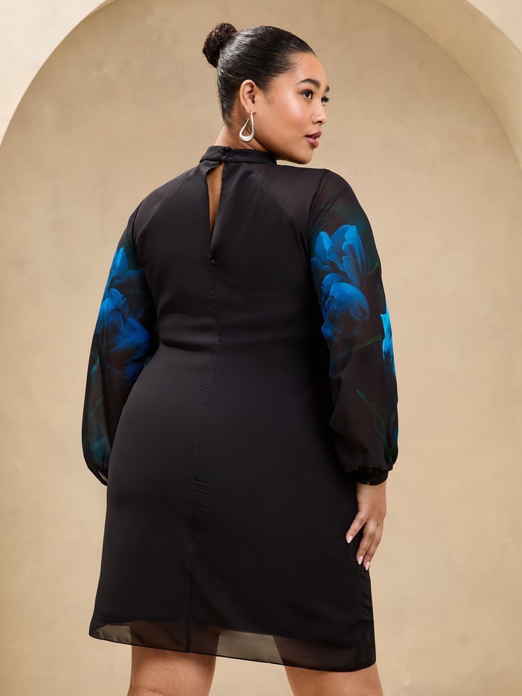 Lipsy Black Curve Sequin Floral Printed Long Sleeve Shift Mini Dress - Image 4 of 4