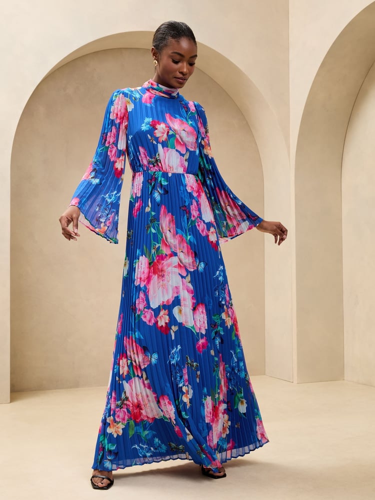 Lipsy Cobalt Blue Floral Printed High Neck Long Sleeve Pleated Maxi Dress - Image 1 of 4