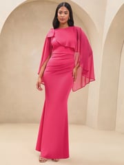 Lipsy Pink Bow Shoulder Long Sleeve Cape Maxi Dress - Image 1 of 5