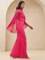 Lipsy Pink Bow Shoulder Long Sleeve Cape Maxi Dress - Image 2 of 5