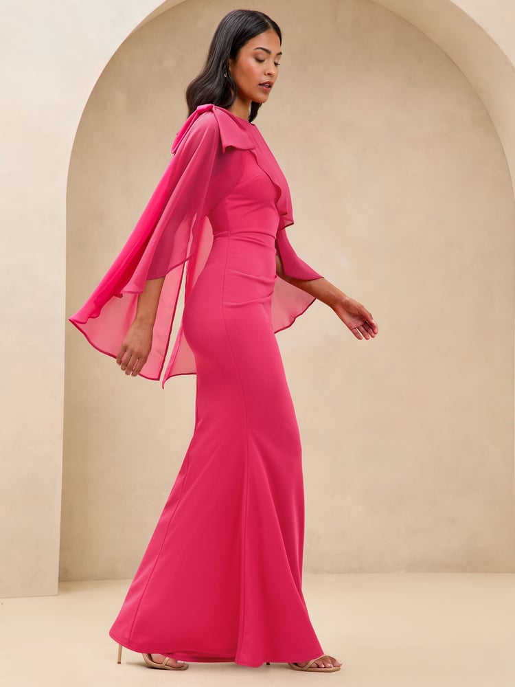Lipsy Pink Bow Shoulder Long Sleeve Cape Maxi Dress - Image 2 of 5