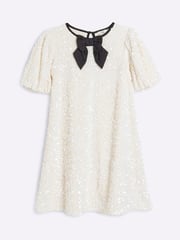 River Island Cream Girls Sequin Velour Shift Dress - Image 1 of 4