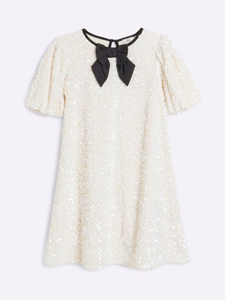River Island Cream Girls Sequin Velour Shift Dress - Image 1 of 4 River Island Cream Girls Sequin Velour Shift Dress - Image 1 of 4
