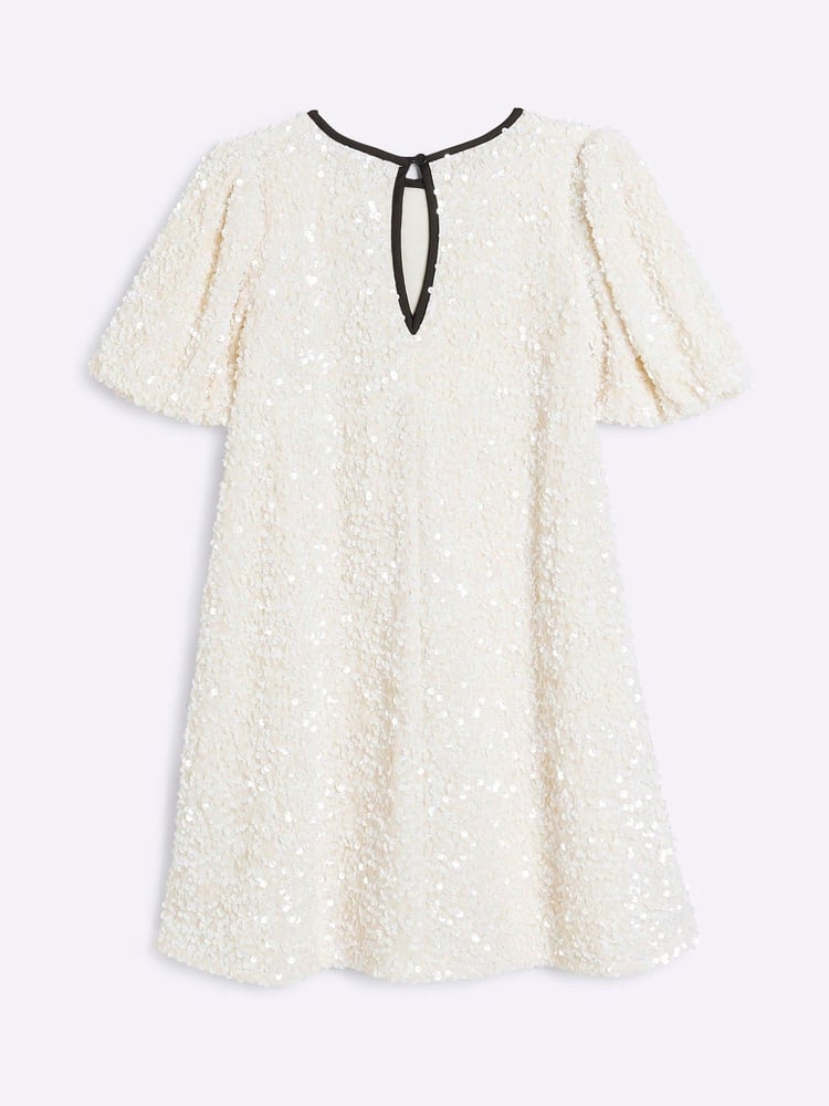 River Island Cream Girls Sequin Velour Shift Dress - Image 2 of 4