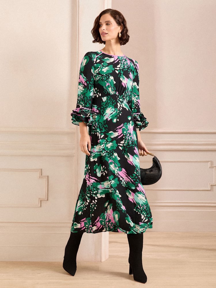 Love & Roses Black Petite Flute Sleeve Midi Dress - Image 1 of 4 Love & Roses Black Petite Flute Sleeve Midi Dress - Image 1 of 4