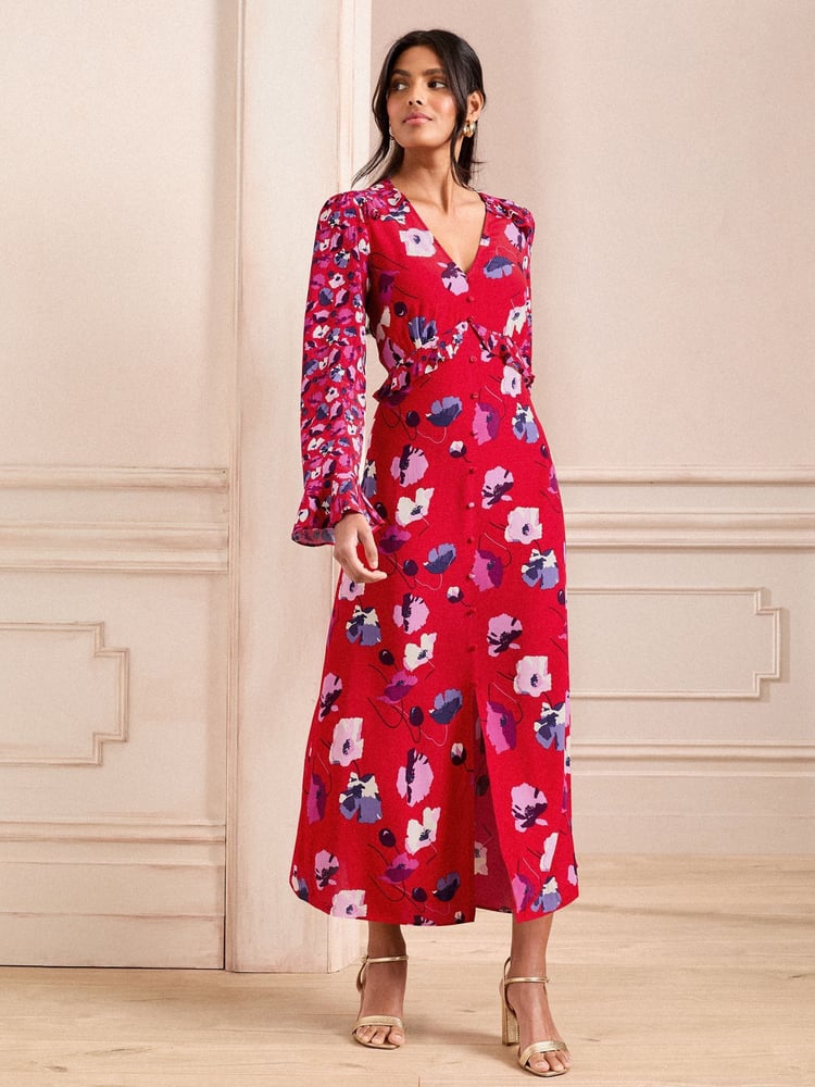 Love & Roses Red Petite V-Neck Ruffle Midi Dress - Image 1 of 4