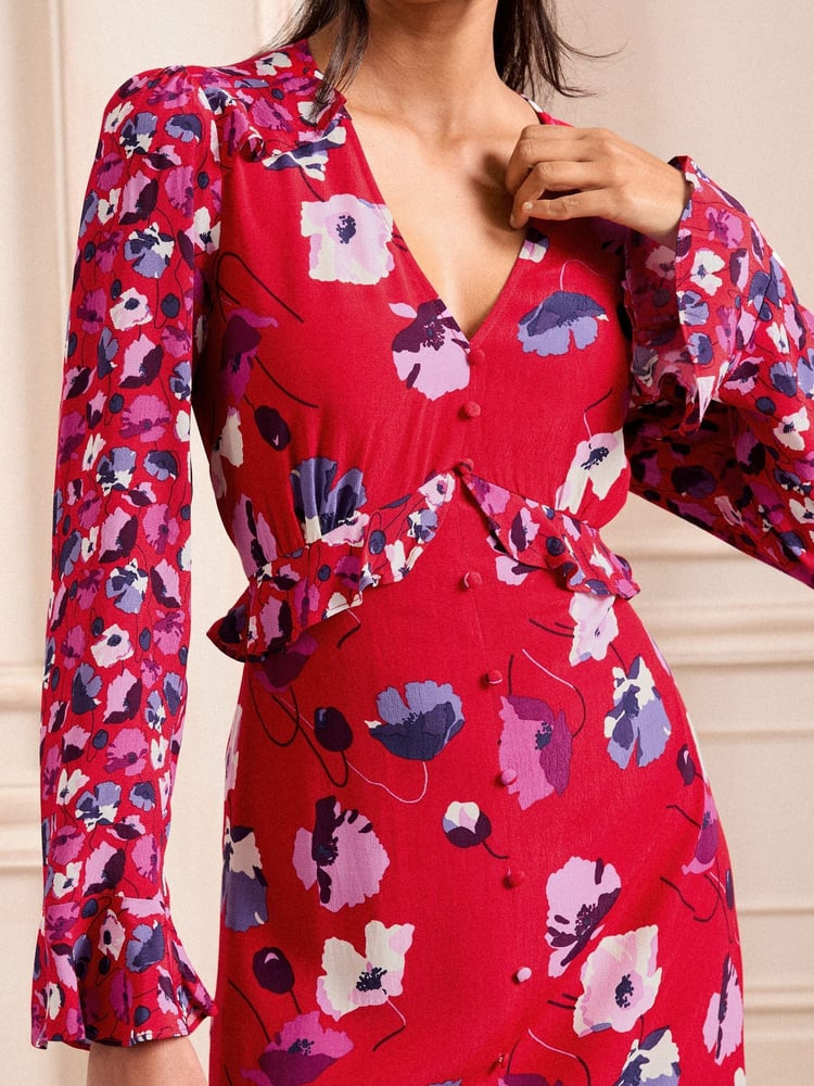 Love & Roses Red Petite V-Neck Ruffle Midi Dress - Image 2 of 4