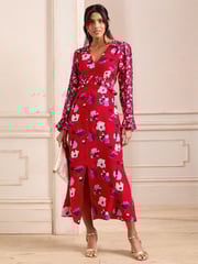 Love & Roses Red Petite V-Neck Ruffle Midi Dress - Image 3 of 4
