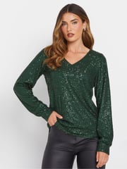 Long Tall Sally Green Sequin V-Neck Long Sleeve Top - Image 1 of 5