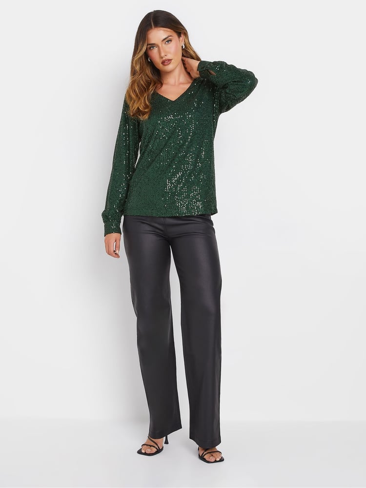 Long Tall Sally Green Sequin V-Neck Long Sleeve Top - Image 2 of 5