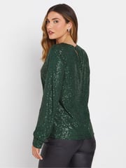 Long Tall Sally Green Sequin V-Neck Long Sleeve Top - Image 3 of 5