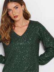 Long Tall Sally Green Sequin V-Neck Long Sleeve Top - Image 4 of 5