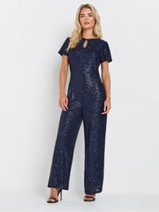 M&Co Blue Petite Keyhole Sequin Jumpsuit - Image 1 of 6