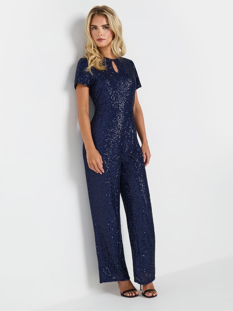 M&Co Blue Petite Keyhole Sequin Jumpsuit - Image 2 of 6