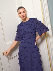 Love & Roses Blue 3D Floral Angel Sleeve Midi Dress - Image 1 of 4