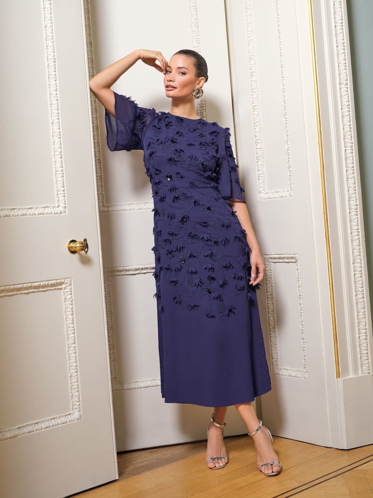 Love & Roses Blue 3D Floral Angel Sleeve Midi Dress - Image 2 of 4 Love & Roses Blue 3D Floral Angel Sleeve Midi Dress - Image 2 of 4